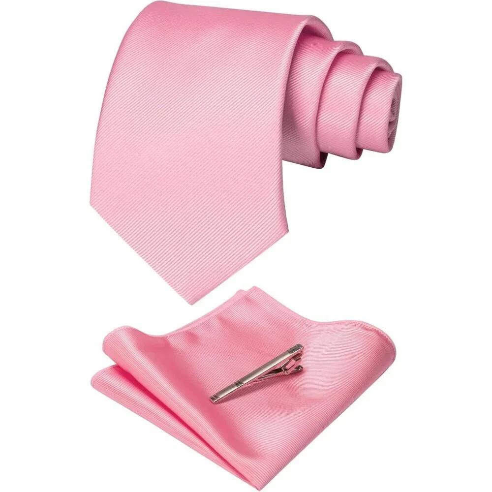 Men's Blush Pink Colour Formal Necktie and Pocket Square Tie Clip Sets